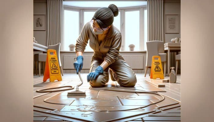 Person in protective gear cleaning travertine floor, testing solution, with warning signs in a UK home.