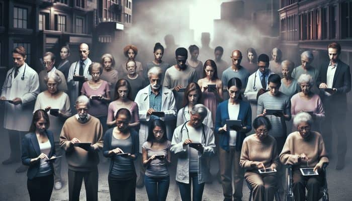 Diverse group in urban setting checking vitamin D levels with devices.