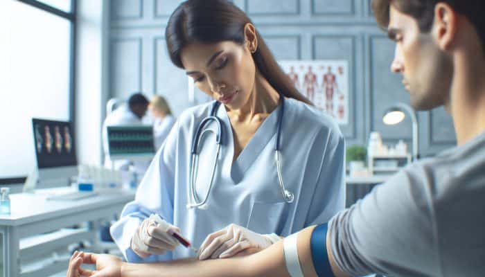 A healthcare professional calmly drawing a small blood sample from a patient's arm in a modern clinic.