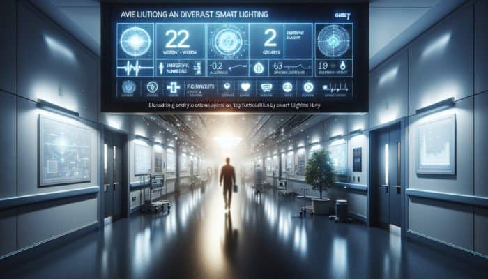 Modern hospital hallway with LED emergency lights guiding patient evacuation during a severe storm.