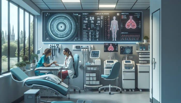 A patient receiving ferritin test guidance from a nurse in a modern Banbury clinic.