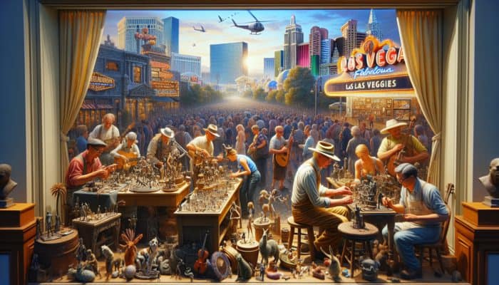 Artisans working, unique shops, and cultural landmarks in Las Vegas, with tourists engaging deeply.