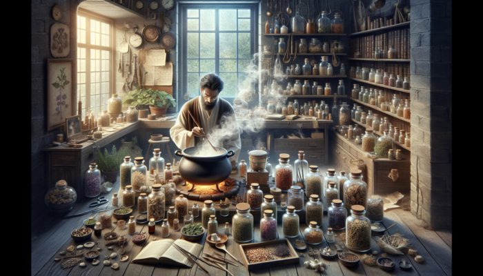 An expert herbalist preparing a multi-herb decoction in a mystical apothecary.