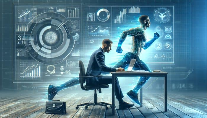 Person in tech attire moving from desk to workout, integrating exercise into busy schedule.