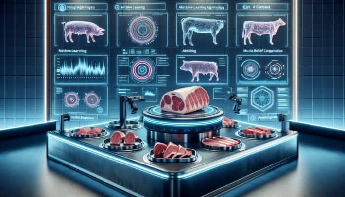 AI analysing meat quality on a high-tech screen in a modern lab, displaying premium pork and beef cuts.