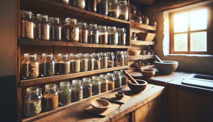 A rustic shelf with labeled jars of dried herbs, mortar and pestle, in a cozy kitchen.