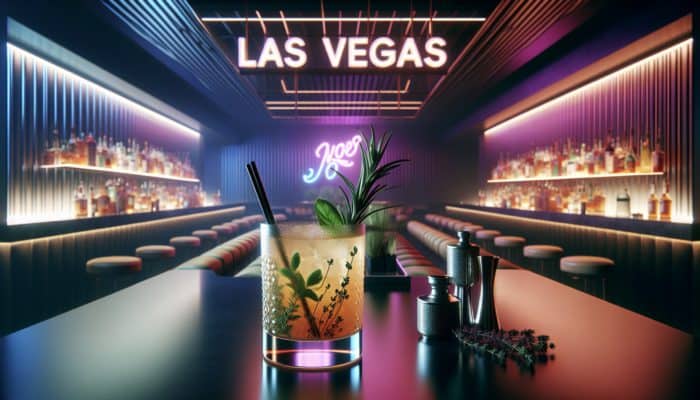 Modern whiskey sour with rosemary, thyme, and basil in a vibrant Las Vegas bar.