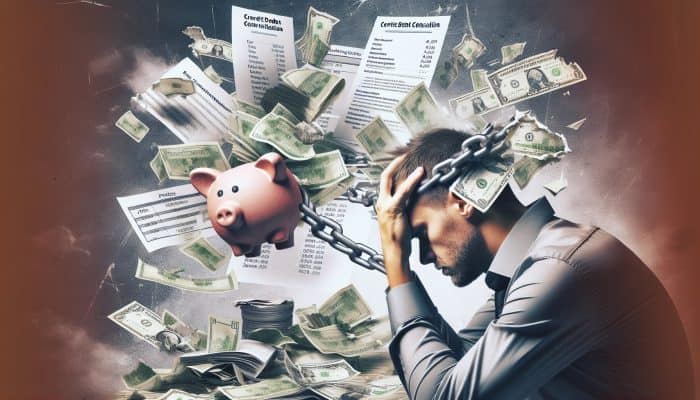 Person overwhelmed by new debts post-consolidation, surrounded by financial documents, illustrating the risk of increased debt.