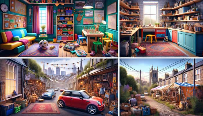 A vibrant collage of four successful garage clearances: playroom in Sydney, workshop in Melbourne, yard sale in Brisbane, upcycled decor in Perth.