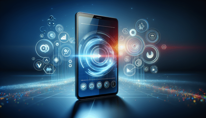 A smartphone displaying a video, surrounded by optimisation icons and analytics graphs on a modern backdrop.