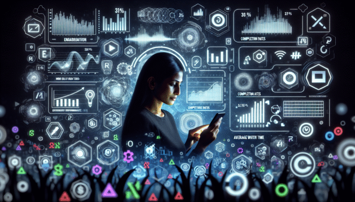 Individual analysing mobile video performance on a smartphone with graphs illustrating engagement, completion, and watch time using Google Analytics.
