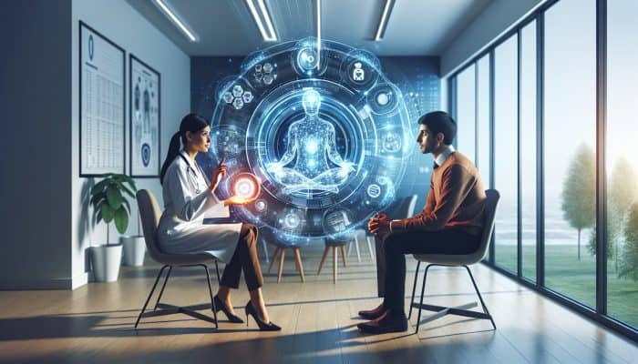 A doctor discussing cholesterol test results with a patient in a modern clinic, surrounded by medical charts and family history documents.