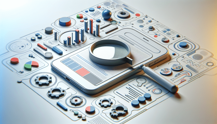 Smartphone showcasing search results with optimised title tags, accompanied by magnifying glasses and graphs for mobile search optimisation.
