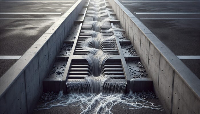 Surface drain in a parking lot, efficiently capturing water into a grated trench, preventing pooling.