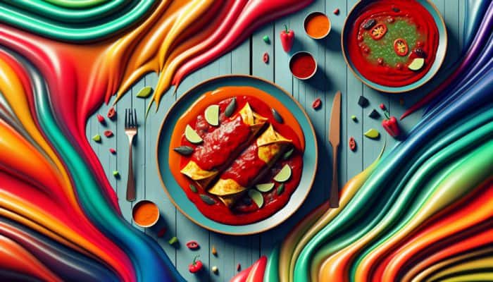 Two plates of enchiladas with red chili and green tomatillo sauces, enhancing flavours.