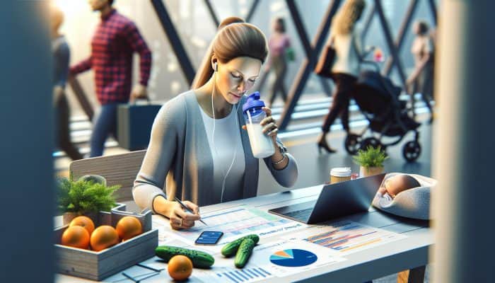 A busy UK mother using various hydration strategies in her daily life.