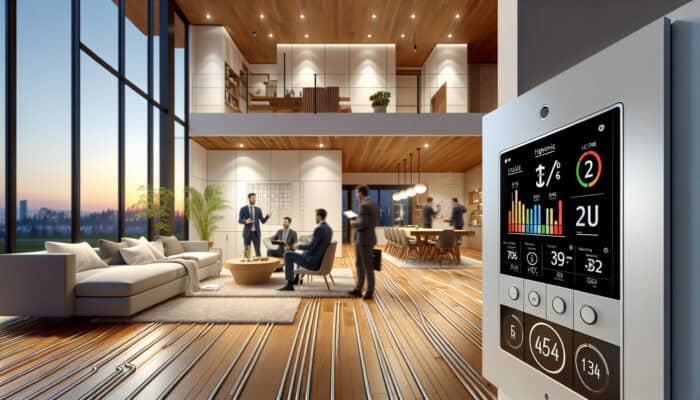 A cozy Vancouver home living room with hydronic radiant floor heating, thermostat, and experts discussing the system.