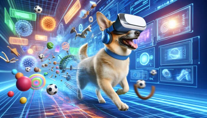 A dog in a VR headset joyfully chasing virtual objects in a vibrant, tailored environment.