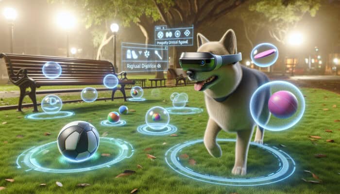 A dog in AR glasses playing with virtual balls and frisbees in a park.