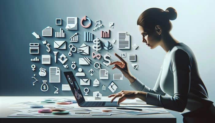 Person organizing financial documents on desk, focused on laptop with debt consolidation loan applications.