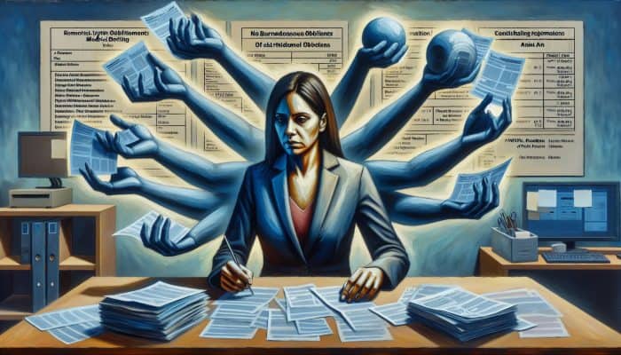 A 35-year-old woman consolidating medical bills into one loan, depicted in a calm financial office.