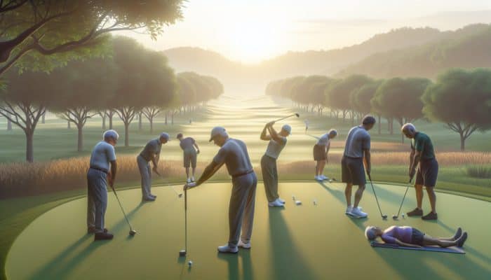 Senior golfers at dawn on a golf course, doing fitness routines with expert guidance, improving swing and flexibility.