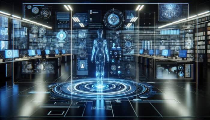 A futuristic virtual assistant guiding a user in a neon-lit office, aimed at minimising errors.