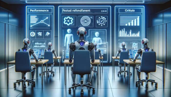 Futuristic office with robots analysing performance data on holograms, receiving feedback in a collaborative setting.