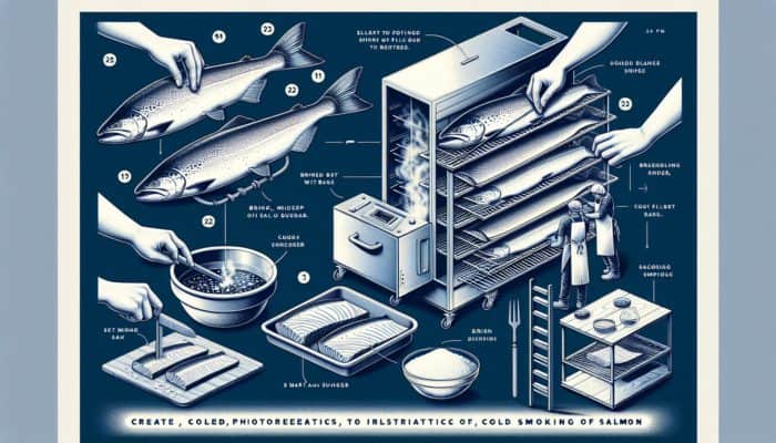 Illustration of salmon preparation for cold smoking, including filleting, brining, and arranging on smoker racks.