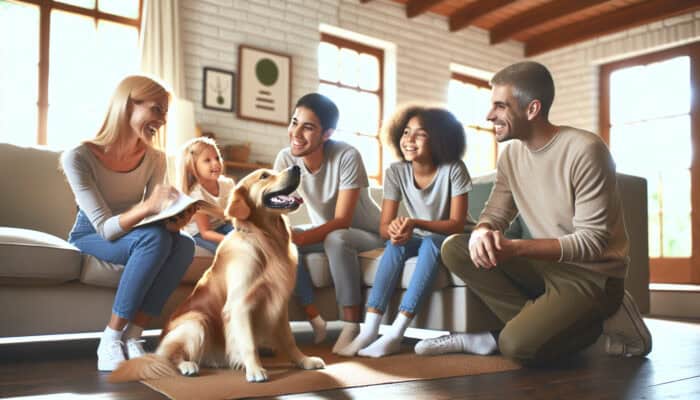 Golden Retriever happily interacting with family, practicing sit, stay, come commands in living room.