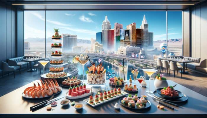 A lavish Vegas dining scene featuring seafood towers, Wagyu beef sliders, an extravagant buffet, spicy tuna tartare, and elegant cocktails.