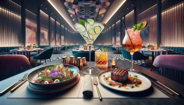 A Las Vegas dining scene showcasing a Cucumber Gin Fizz and light salad, alongside a Bourbon Smash and steak, illustrating flavour pairing.