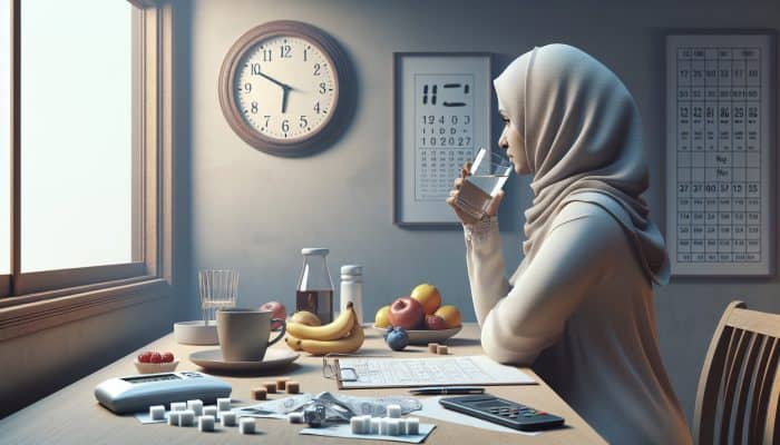 Person drinking water during early morning, surrounded by items to avoid during diabetes blood test fasting.
