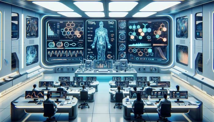 A futuristic lab with advanced equipment measuring thyroid levels and analyzing biomarkers for precise diagnosis.