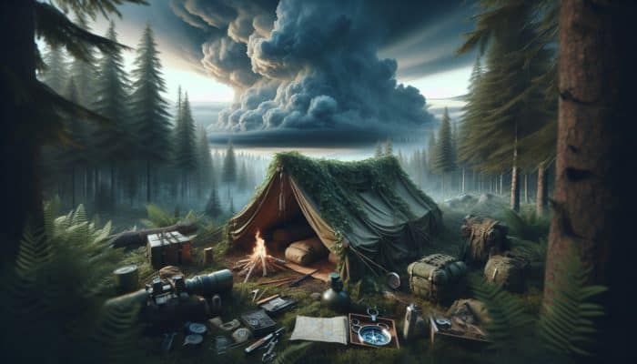 A detailed tarp shelter in a rugged wilderness, surrounded by forest and survival gear under a cloudy sky.