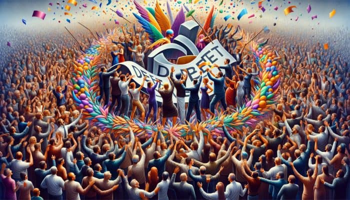 A joyful celebration with family and friends, vibrant decorations, and a 'Debt Free' banner, showing happiness and community.