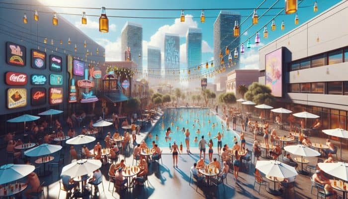 A vibrant Las Vegas scene with outdoor bars and people enjoying day drinking under a clear sky.