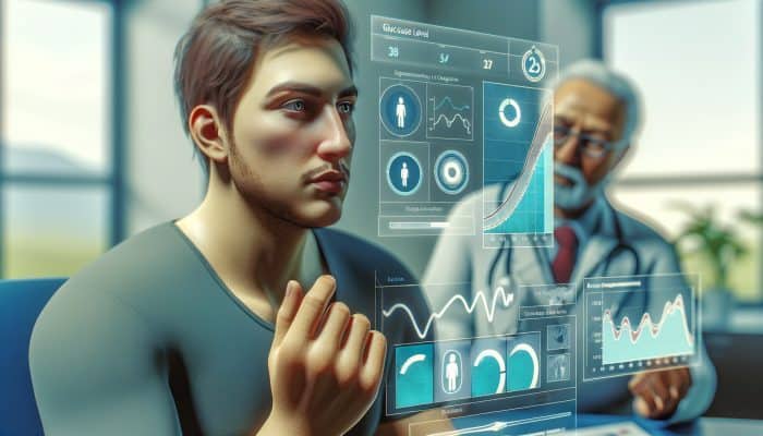 Adult discussing diabetes blood test results with doctor, chart of glucose levels in background.