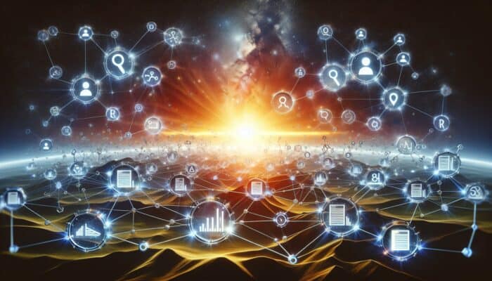 Glowing nodes representing high-quality backlinks, strategic tools, and analytics against a rising sun.