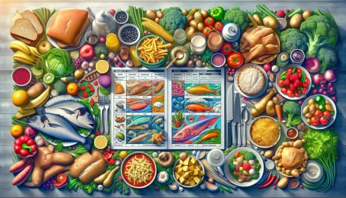 A colorful weekly meal planner featuring UK dishes like fish and chips, shepherd's pie, and Sunday roast on a kitchen table with fresh ingredients.