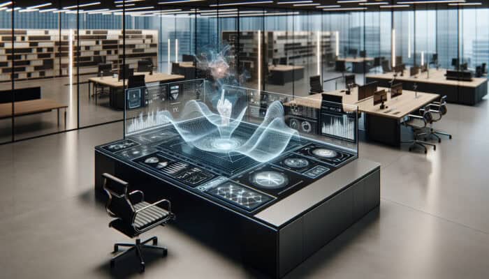 A futuristic office with a virtual assistant hologram managing finances on an interactive touchscreen.