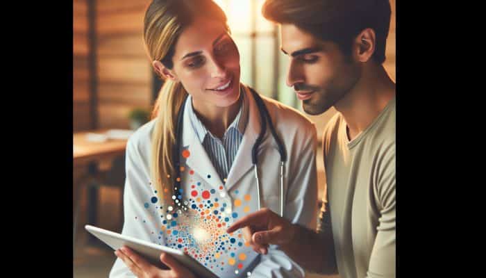 A doctor and patient reviewing diabetes test results on a tablet in a clinic, discussing treatment adjustments.