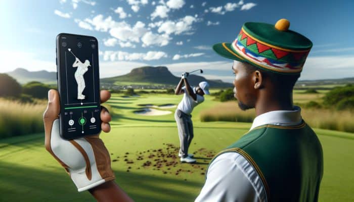 A South African golfer using a smartphone app to analyze and compare their swing to a professional's on a lush golf course.