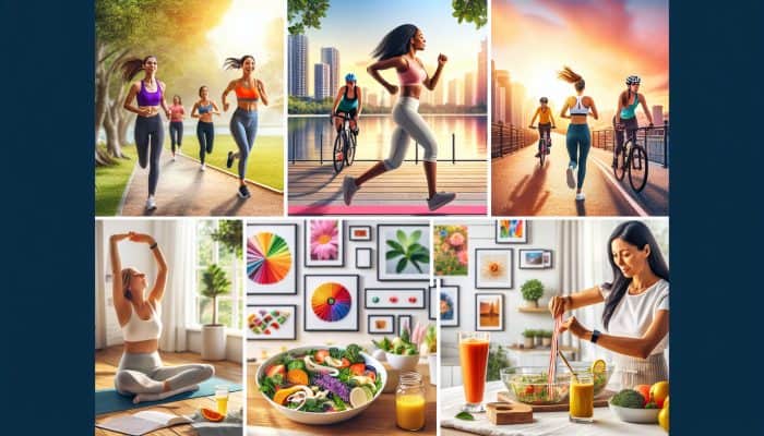 Diverse women engaging in physical activities and preparing healthy meals in a supportive community.