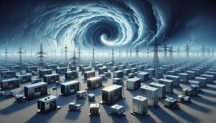 Generators, from portable to whole-house, against a stormy backdrop, representing emergency power solutions during natural disasters.