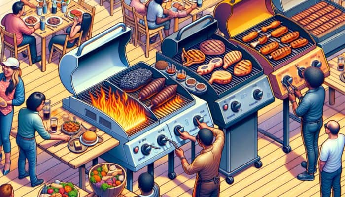 A BBQ competition scene with grills using charcoal, gas, and wood, each showing unique advantages.