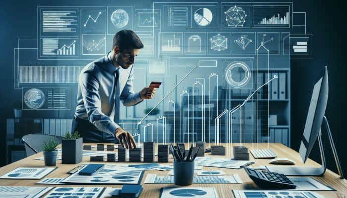 A person analyzing balance transfer credit cards with charts in an office, focusing on strategic debt consolidation.