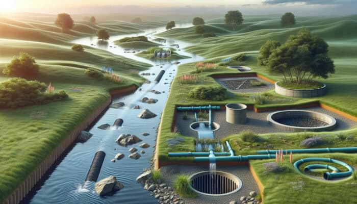 Various drainage systems in a serene landscape: French drains, surface drains, dry wells, and swales.