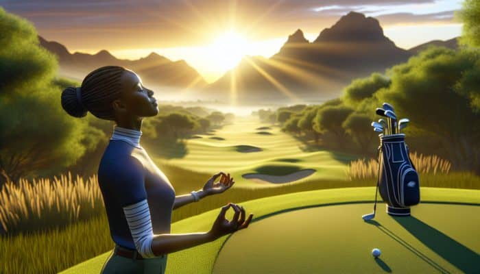 A player at a serene South African golf course at sunrise, practicing deep breathing and mental preparation.