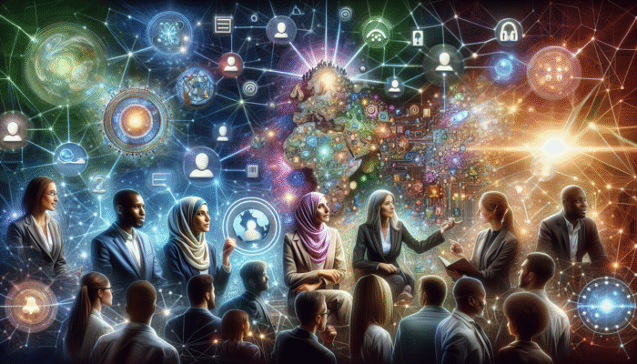 A vibrant collage of experts sharing insights with social media icons and glowing networks.